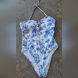Betsey Johnson Blue and White Floral One-Piece Swimsuit with Tie Front